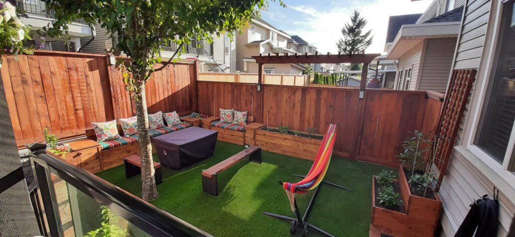 Fence, Steps, Patio design, carpentry, retaining wall, Synthetic turf, pergola